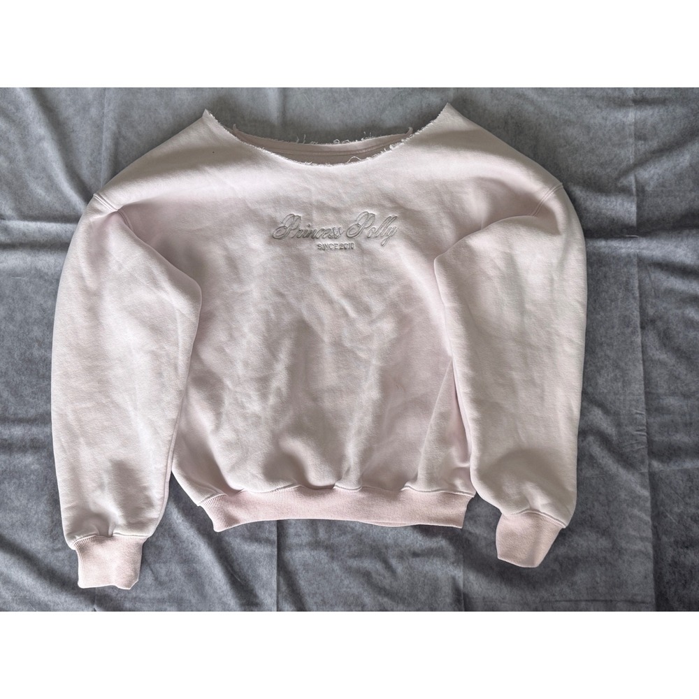 Princess Polly Pink Embroidered Raw Edge Scoop Neck Sweatshirt Oversized Top